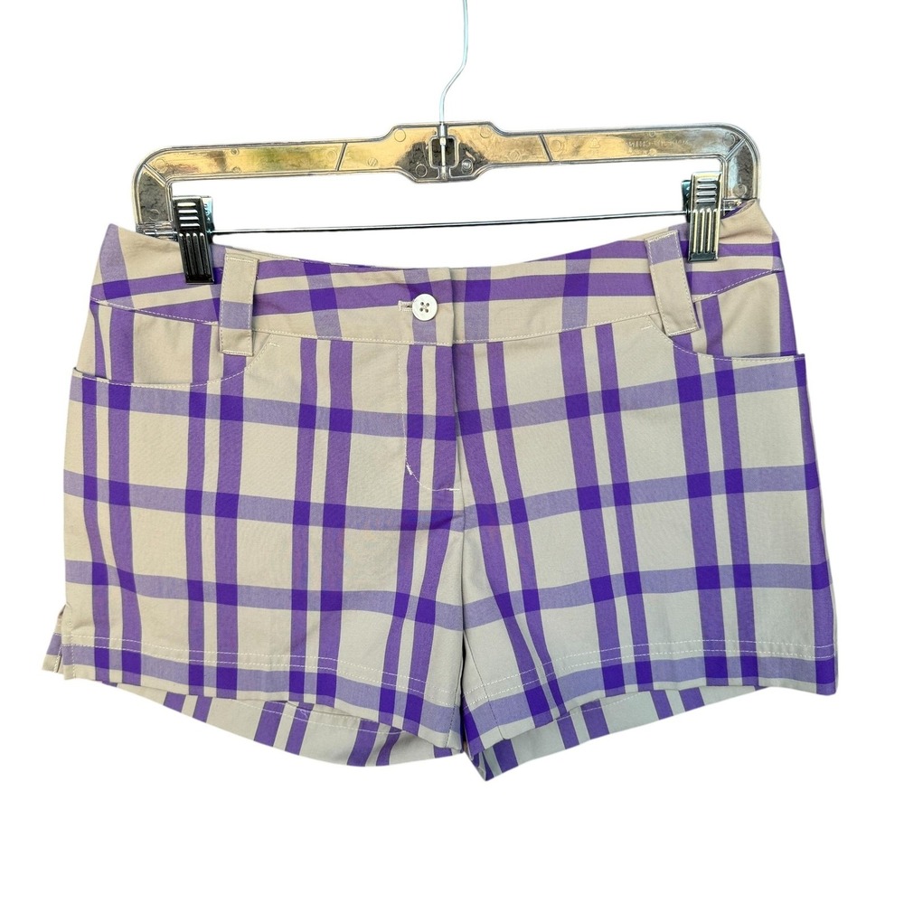 Adidas Shorts Womens 2 Purple Plaid Chino Golf Twill Flat Front Logo Activewear